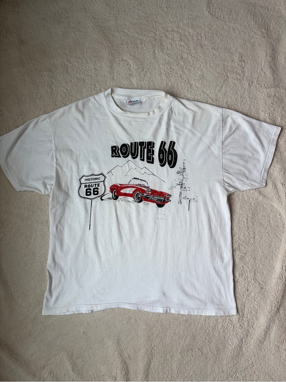 Vintage Route 66 Graphic Tee - White with Red Car Size XL